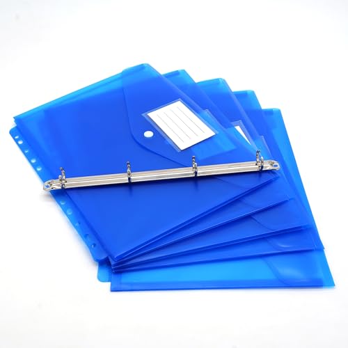 Transparente Kunststoff-Umschläge, Dokumentenmappen mit nachfüllbarem Ringbuch, A4-Größe, mit Etikettentasche und Druckknopf, 5 Stück (blau) von BenOpinion