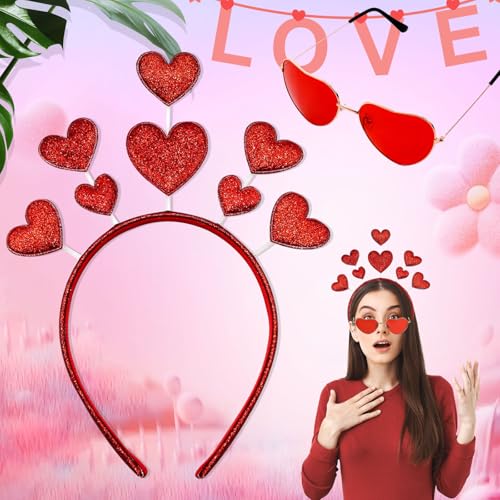 Benaton 2 Stück Herzförmigen Haarreif Und Herzförmige Brille Rot Set, Herzen Karneval Haarreif Rot Stirnband Glitzer, Herz Haarreif Damen mit Roter Herzförmiger Brille für Faschingsparty von Benaton