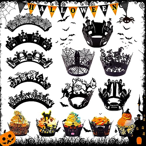 Benaton 25 Stück Halloween Cake Topper, Halloween Fledermaus Spinne Backen Cake Topper, Spinnennetz Hexen Cupcake Topper, Kürbis Halloween Kuchen Dessert Deko, Halloween Muffin Deko(5 Stile) von Benaton