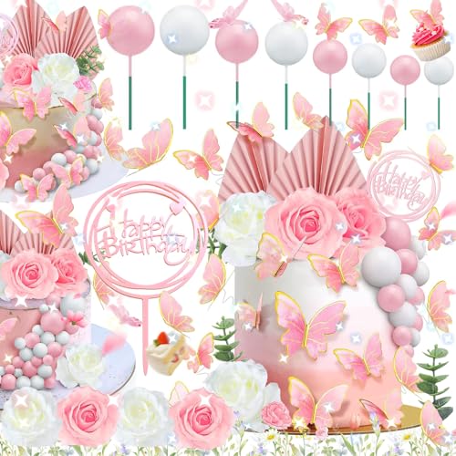 Benaton 52 Stück Rosa Tortendeko Boho, Boho Blume Kuchen Topper Blume Hochzeit, Rosa Schmetterling Tortendeko Boho, Blumen DIY Cake Topper, Mädchen Tortenaufsatz Für Hochzeit, Geburtstag, Babyparty von Benaton