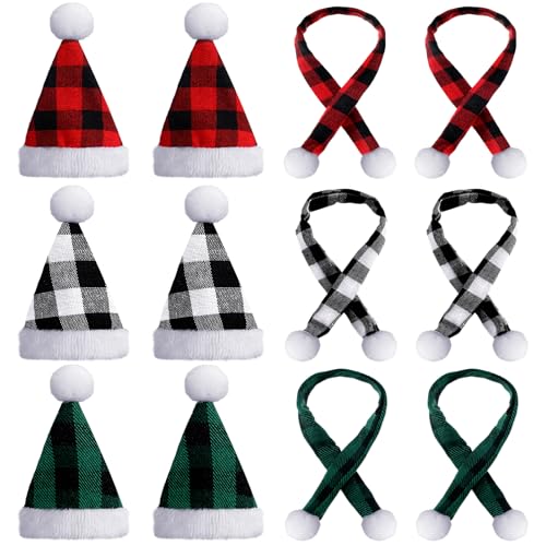 Bencailor Mini-Weihnachtsmannmützen zum Basteln, kleine Weinflasche, Weihnachtsmannmütze, Schals, kleiner Schneemannhut für Weihnachtsdekoration, Party, Rot, Schwarz, Grün, Weiß, 12 Stück von Bencailor