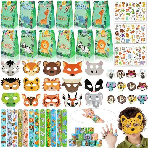 79Stk. Dschungel Safari Party Mitgebsel Kindergeburtstag 4 5 6 7 8 9 Jahre Tiere Geschenktüten, Schnapparmband, Masken, Silikonringe, Temporäre Tattoos Give Aways Kindergeburtstag für Mädchen Jungen von Beneony