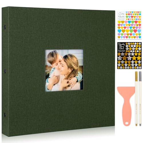 Benjia Fotoalbum Selbstklebend Einkleben, XXL Groß Leinen Weiße Seiten Fotoalbum Selbstgestalten mit Aufkleber & Metallischer Stift für 9x13 10x15 13x18 a4 a5 a6 (Groß 20 Blatt / 40 Seiten, Grün) von Benjia