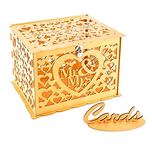 Benjia Hochzeit Geschenkkartenbox Geschenkkarten Box, Vintage groß Holz Kartenbox Karten Geld Box Briefbox mit Schloss Schlitz für Hochzeit Geburtstag danke (Mr & Mrs, Gold) von Benjia