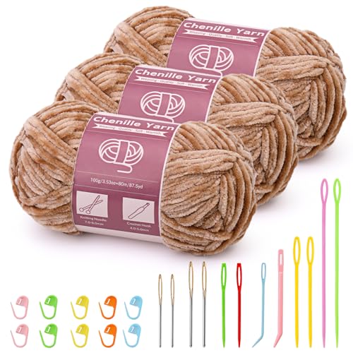 3 x 100 g (3 x 80 m) Chenille Garn, Samt Garn zum Stricken und Häkeln mit Nadeln mit großem Öhr, weiches Chenille-Garn für Kleidung, Decken, Taschen, Pullover, DIY-Strickprojekte (Helles Khaki) von Benlay