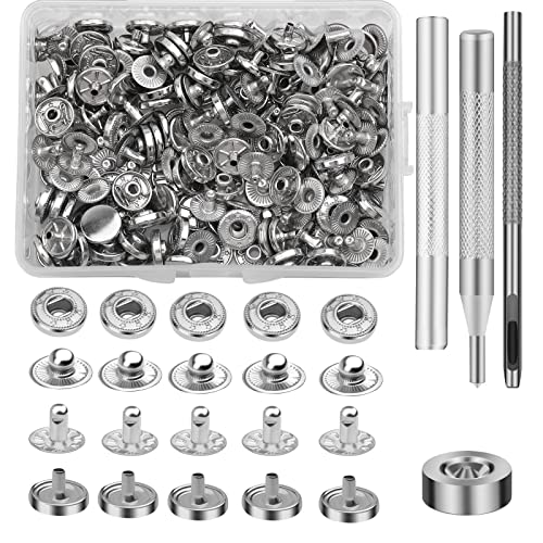 50 Sets Druckknopf-Kits, Leder-Druckknöpfe, 10 mm Metallknöpfe, Druckknopf-Kit mit 4 Druckknopf-Installationswerkzeugen zum Nähen von Kleidung, Armbändern, Jacken, Taschen, Heimwerken (Silber) von Benlay