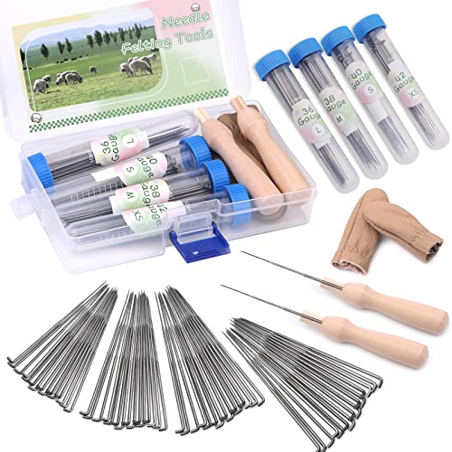 Benlay 63PCS Nadel Filznadeln Mit Hölzernen Griffen, Wolle Filzen Werkzeugsatz Mit 60PCS Nadelfilzen 2-Einzelfilz Nadelgriff Fingercots, 4-Größen Filznadeln Passend Für Verschiedene Filzprojekte von Benlay