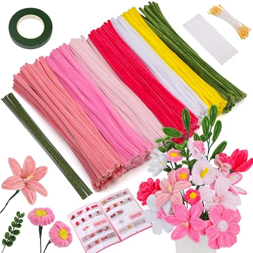 Benlay 550 Pfeifenreiniger zum Basteln, 7 Farbige Pipe Cleaner, Pipe Cleaner Flower Set mit Anleitung, Pfeifenreiniger-Blumen zum Basteln, Dekorieren und für Feste von Benlay