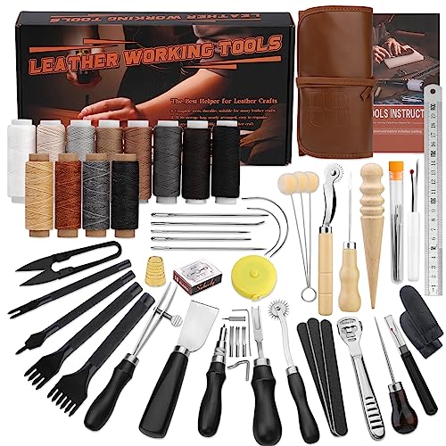 Benlay Leder Arbeitsgeräte, Praktisches Leder Werkzeug Kit mit Beveler Groover Stitching Punch Faden Nadeln Leder Handwerk Werkzeuge und Zubehör Leder Arbeitsgeräte Kit mit Rolltasche und Handbuch von Benlay