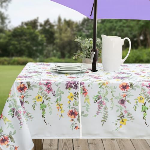 Benson Mills Auslaufsichere Frühlings-/Sommer-Tischdecke mit Schirmloch, Reißverschluss-Tischdecke für rechteckige Tische, Terrassentisch (152,4 x 213,4 cm, rechteckig mit Schirmloch, Blumen-Kaskade) von Benson Mills