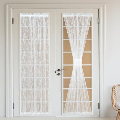 Bentrilisa Spitzen-Vorhänge für französische Türen, 183 cm lang, Blumenmuster, Voile, halbtransparent, weiß, für Fenster, Terrasse, Glas, Haustür, Paneelvorhang mit Raffhalter, Einzelbahn Bentrilisa Spitzen-Vorhänge für französische Türen, 183 cm lang, Blumenmuster, Voile, halbtransparent, weiß, für Fenster, Terrasse, Glas, Haustür, Paneelvorhang mit Raffhalter, Einzelbahn von Bentrilisa