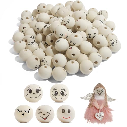 100 Stück Holzperlen mit Gesicht 20mm (5 Designs à 20 Stück) - Bemalte Holzkugeln mit Gesicht für Sorgenwürmchen & Glückswürmchen - Holzköpfe mit Gesicht zum Basteln von Benyong