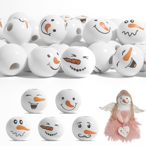 100 Stück Schneemann Holzperlen mit Gesicht 20mm (5 Designs) - Weihnachtsmann Holzkugeln Bastelset für DIY Schmuck Weihnachtliche Handwerksperlen von Benyong
