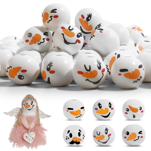 100 Stück Schneemann Holzperlen mit Gesicht 20mm (6 Designs) - Weihnachtsmann Holzkugeln Bastelset für DIY Schmuck Weihnachtliche Handwerksperlen von Benyong