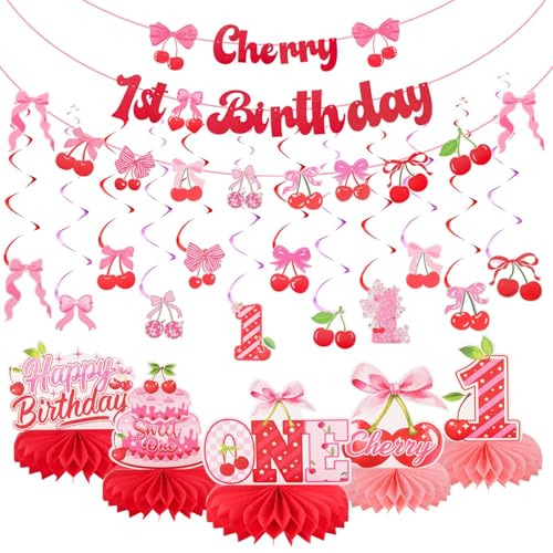 31 Stück Kirsche 1. Geburtstag Dekorationen Sweet One Bow Cherry Party Dekorationen Kirsche Waben Mittelstücke für Baby Mädchen 1. Geburtstag Party Dekorationen von Benytro