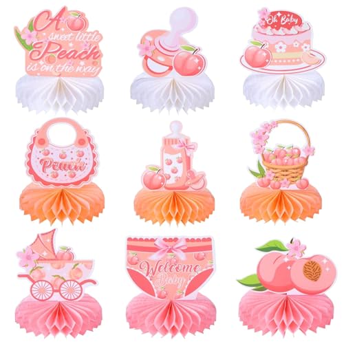 9 x Sweet Peach Welcome Baby Honeycomb Tafelaufsätze Babyparty Party Tischdekorationen Pfirsich ist auf dem Weg Tischaufsätze Tischschild Dekorationen (Pfirsich) von Benytro
