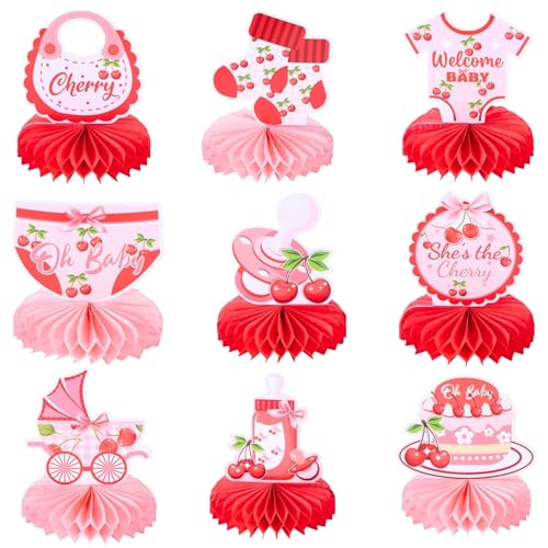 9 x Sweet Peach Welcome Baby Honeycomb Tafelaufsätze Babyparty Party Tischdekorationen Pfirsich ist auf dem Weg Tischdekoration Tischdekoration (Kirsche) von Benytro