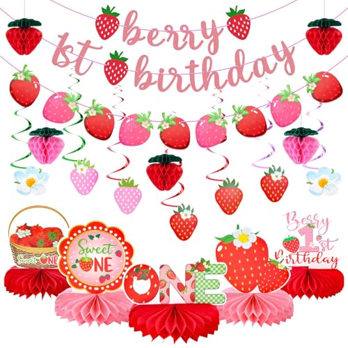 Erdbeeren-Dekoration für den ersten Geburtstag, Erdbeere, Wabenbälle, Banner, Tische, Tafelaufsätze für Babys, Mädchen, 1. Party-Dekorationen (Erdbeere, Rot, Rosa), 28 Stück von Benytro