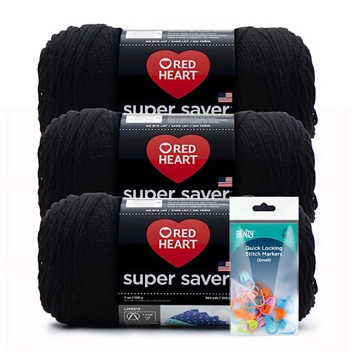 Black – Red Heart Super Saver Garn, 3er-Pack (je 200 ml), gebündelt mit Benzy Maschenmarkierern (20 kt) zum Stricken, Häkeln, Bastelprojekte und Geschenke von Benzy