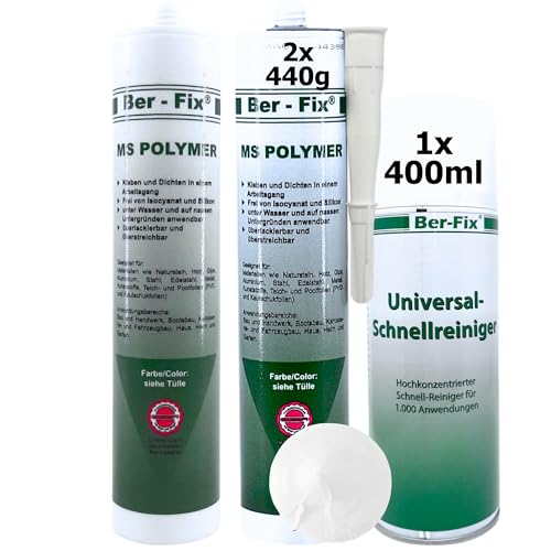 Ber-Fix MS Polymerkleber Weiss 2x Montagekleber extra stark Styroporkleber Steinkleber aussen frostsicher pvc kleber wasserfest klebt und dichtet / 400ml Schnellreiniger von Ber-Fix