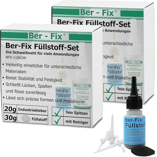 Ber-Fix Füllstoff Set M – Schweißnaht Kleber aus Berlin aus 2x 20g Industriekleber und 2x 30g Granulat weiss 1x 30g schwarz 2k Kleber extra stark Metall Kunststoff PVC ABS PLA + 6 Spitzen von Ber-Fix