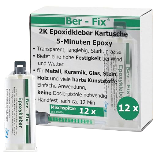 Ber-Fix 2k Kleber - Epoxidharz Kleber 30 Min echter Epoxy Kleber 2 Komponenten Kleber Kunststoff Metall Glas Stein Beton Holz 12x 50g Kartusche von Ber-Fix