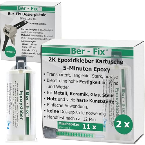 Ber-Fix 2k Kleber - Epoxidharz Kleber 30 Min echter Epoxy Kleber 2 Komponenten Kleber Kunststoff Metall Glas Stein Beton Holz 2x 50g Kartusche + Pistole + 10 Spitzen von Ber-Fix