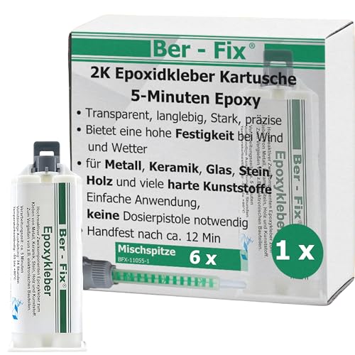 Ber-Fix 2k Kleber - Epoxidharz Kleber 30 Min echter Epoxy Kleber 2 Komponenten Kleber Kunststoff Metall Glas Stein Beton Holz 50g Kartusche + 5 Spitzen von Ber-Fix