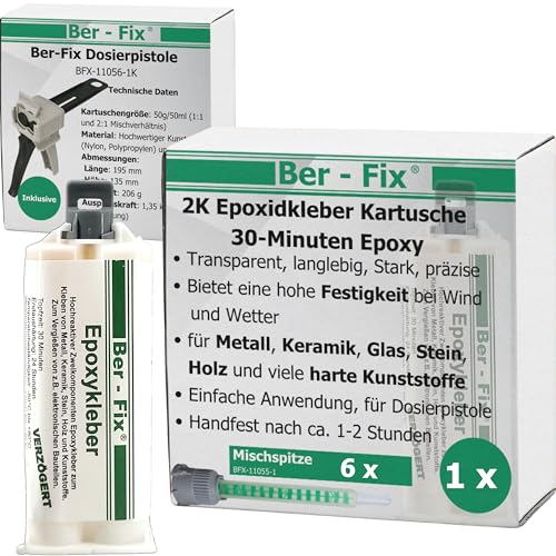 Ber-Fix 2k Kleber - Epoxidharz Kleber 30 Min echter Epoxy Kleber 2 Komponenten Kleber Kunststoff Metall Glas Stein Beton Holz 50g Kartusche + Pistole + 5 Spitzen von Ber-Fix