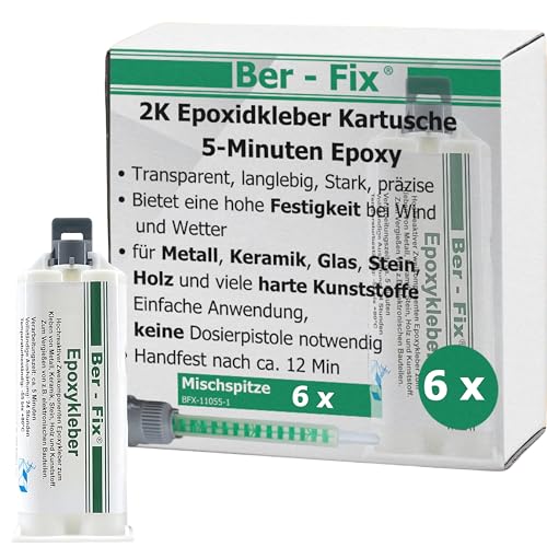 Ber-Fix 2k Kleber - Epoxidharz Kleber 30 Min echter Epoxy Kleber 2 Komponenten Kleber Kunststoff Metall Glas Stein Beton Holz 6x 50g Kartusche von Ber-Fix