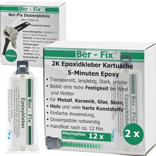 Ber-Fix 5 Min Epoxidharz Kleber EXPRESS 2x 50g Kartusche + Pistole + 10 Spitzen 2k Kleber echter Epoxy Kleber 2 Komponenten Kleber Kunststoff Metall Glas Stein Beton Holz von Ber-Fix