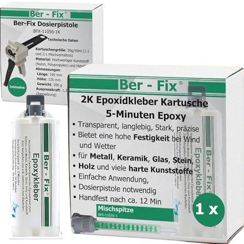 Ber-Fix 5 Min Epoxidharz Kleber EXPRESS 50g Kartusche + Pistole + 10 Spitzen 2k Kleber echter Epoxy Kleber 2 Komponenten Kleber Kunststoff Metall Glas Stein Beton Holz von Ber-Fix