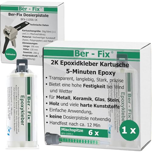 Ber-Fix 5 Min Epoxidharz Kleber EXPRESS 50g Kartusche + Pistole + 5 Spitzen 2k Kleber echter Epoxy Kleber 2 Komponenten Kleber Kunststoff Metall Glas Stein Beton Holz von Ber-Fix