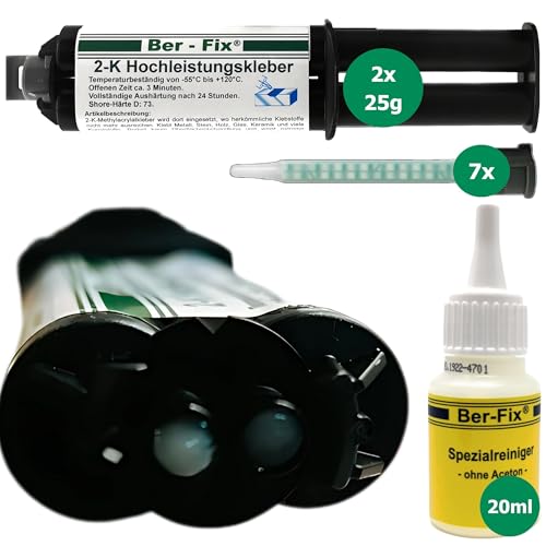 Ber-Fix 2x 25g 2K Hochleistungskleber EXPRESS 3 Min Kunststoff 2K Metallkleber Extra Stark + 5 Spitzen + Reiniger Metall Pvc GfK Holz Epoxid Harz frei auch als Kunststoff Spachtelmasse verwendbar von Ber-Fix