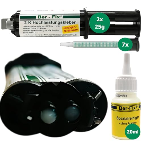 Ber-Fix 2K Hochleistungskleber - 2x25g für Metall, Kunststoff, Stahl, PVC, GfK, Holz, Epoxidharz, Schlagfest, 30 Min Langsamhärtend - Inkl. Statikmischer, Reinige von Ber-Fix