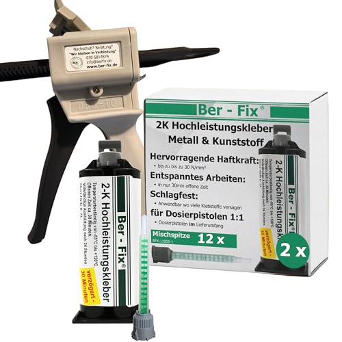 Ber-Fix 2K Hochleistungskleber 30 Min 2K Kleber Kunststoff 2K Metallkleber Extra Stark 2x 50g für Kartuschenpresse + Pistole + 10 Spitzen von Ber-Fix