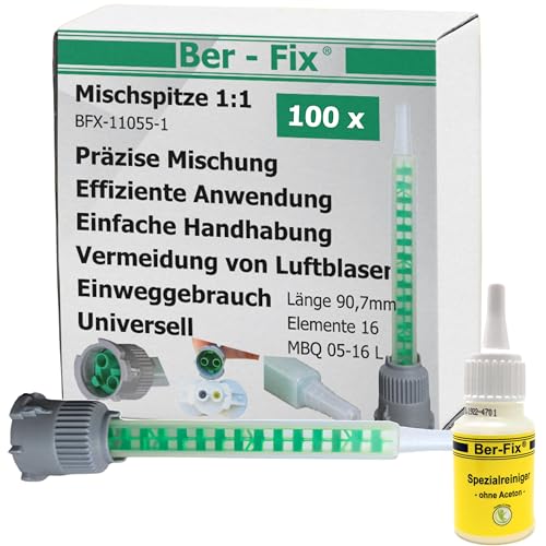 Ber-Fix 100x Statikmischer 1:1 MBQ 05-16L B-System für 2K-Epoxidharz, Zweikomponentenkleber-Mischrohr, Effiziente Mischung bei 2K Kleber + Reiniger von Ber-Fix