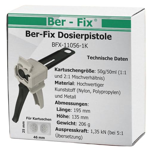 Ber-Fix Dosierpistole für 50ml 50g Doppelkartuschen 1:1 für 2 Komponenten Kleber z.B: Metallkleber Kunststoffkleber von Ber-Fix