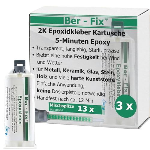 Ber-Fix 2k Kleber -30 Min Epoxidharz Kleber echter Epoxy Kleber 2 Komponenten Kleber Kunststoff Metall Glas Stein Beton Holz 3x 50g Kartusche + 10 Spitzen von Ber-Fix