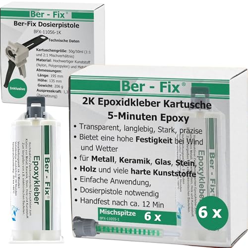 Ber-Fix 5 Min Epoxidharz Kleber EXPRESS 6x 50g + Kartuschenpresse 2k Kleber echter Epoxy Kleber 2 Komponenten Kleber Kunststoff Metall Glas Stein Beton Holz von Ber-Fix