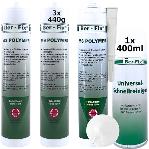 Ber-Fix MS Polymerkleber Weiss 3x Montagekleber extra stark Styroporkleber Steinkleber aussen frostsicher pvc kleber wasserfest klebt und dichtet / 400ml Schnellreiniger von Ber-Fix