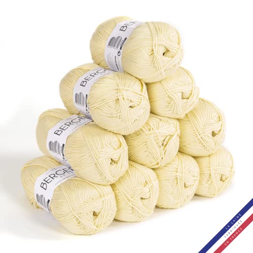 Bergère de France - 100% COTON BIO, Wolle set zum stricken und häkeln (10 x 50 g) 100% Bio-Baumwolle - 3 mm - Rundgarn für den Sommer - Gelb (Paille) von Bergere de France