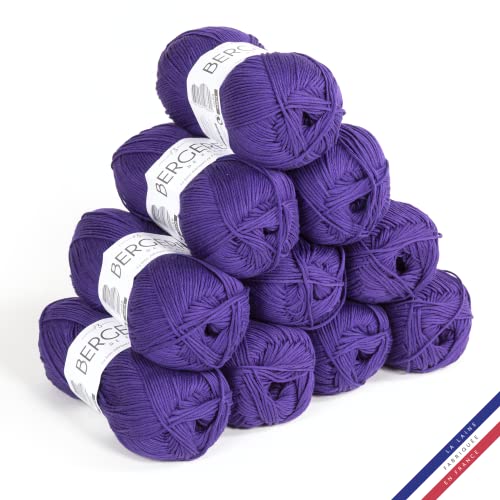 Bergère de France - 100% COTON BIO, Wolle set zum stricken und häkeln (10 x 50 g) 100% Bio-Baumwolle - 3 mm - Rundgarn für den Sommer - Violett (Glycyne) von Bergere de France