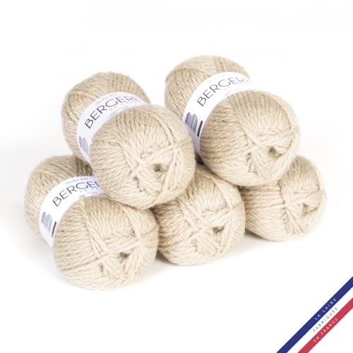 Bergère de France - ALASKA 100, Wolle set zum stricken und häkeln (5 x 100 g) 50% gekämmte Wolle - 6 mm - großes rundes Futtergarn - Beige (LIN) von Bergere de France