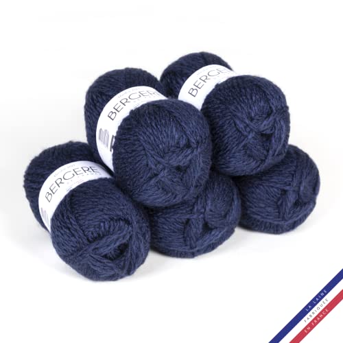 Bergère de France - ALASKA 100, Wolle set zum stricken und häkeln (5 x 100 g) 50% gekämmte Wolle - 6 mm - großes rundes Futtergarn - Blau (MARINIERE) von Bergere de France