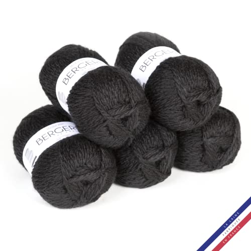 Bergère de France - ALASKA 100, Wolle set zum stricken und häkeln (5 x 100 g) 50% gekämmte Wolle - 6 mm - großes rundes Futtergarn - Schwarz (NOIR) von Bergere de France