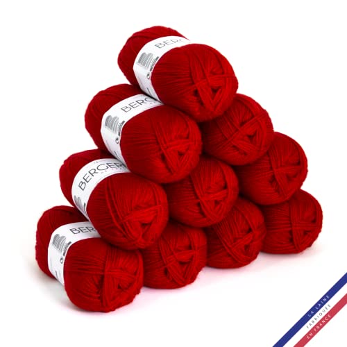 Bergère de France - BARISIENNE, Wolle set zum stricken und häkeln (10 x 50g) - 100% Acryl - 4 mm - Sehr weicher Rundfaden - Rot (GERANIUM) von Bergere de France