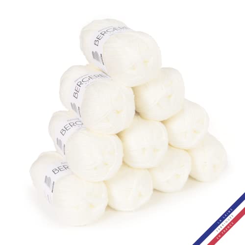 Bergère de France - BARISIENNE, Wolle set zum stricken und häkeln (10 x 50g) - 100% Acryl - 4 mm - Sehr weicher Rundfaden - Weiß (MELISSE) von Bergere de France