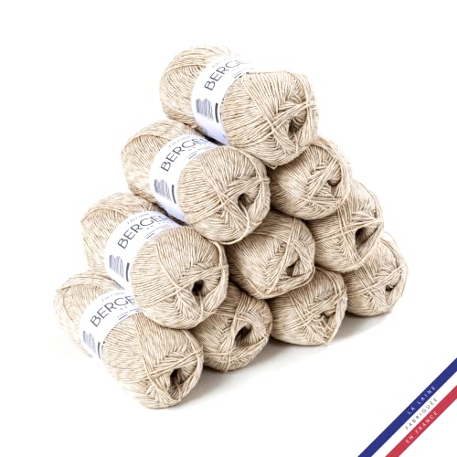 Bergère de France - LIN COTON, Wolle set zum stricken und häkeln (10 x 50 g) 30% französisches Leinen - 3 mm - Natürliches Garn für den Sommer - Beige (Etretat) von Bergere de France