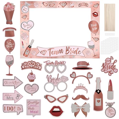 Hochzeit Photo Booth Requisiten, Junggesellinnenabschied Team Bride Lustige Paper Selfie Fotorahmen mit Holzstab Und Klebepunkten fur Bachelorette Party Bridal Shower Frauen Deko Accessoires 30 Stück von Berkelen